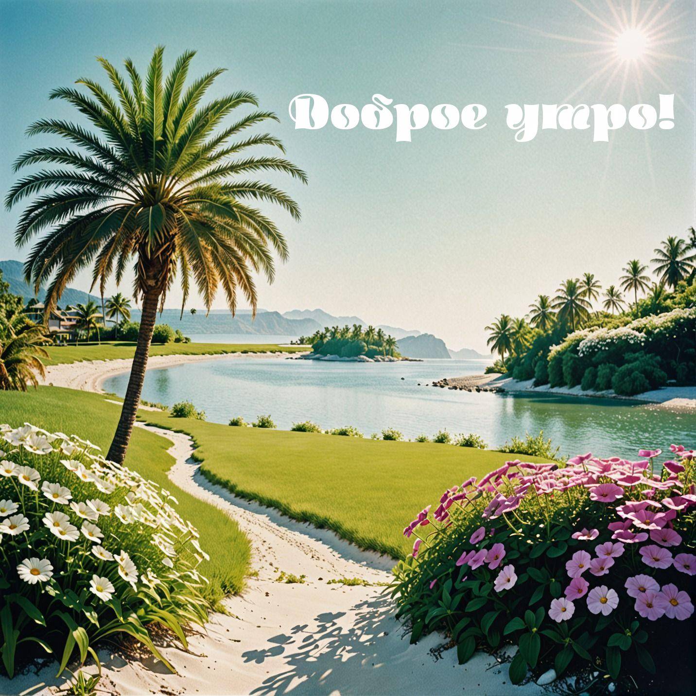 Тропический пляж, пальмы, цветы, море, солнечный свет
