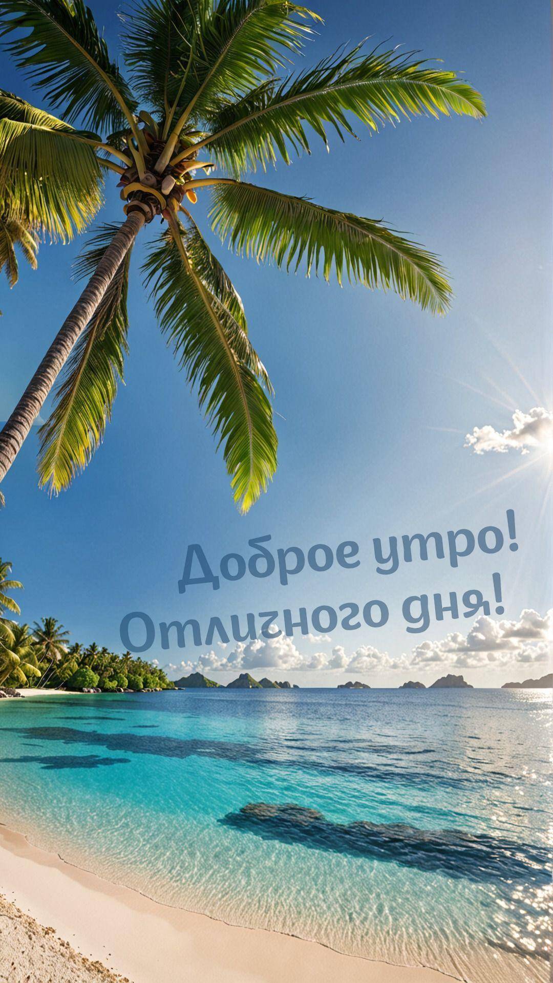 Тропический пляж, пальмы, ясное голубое море