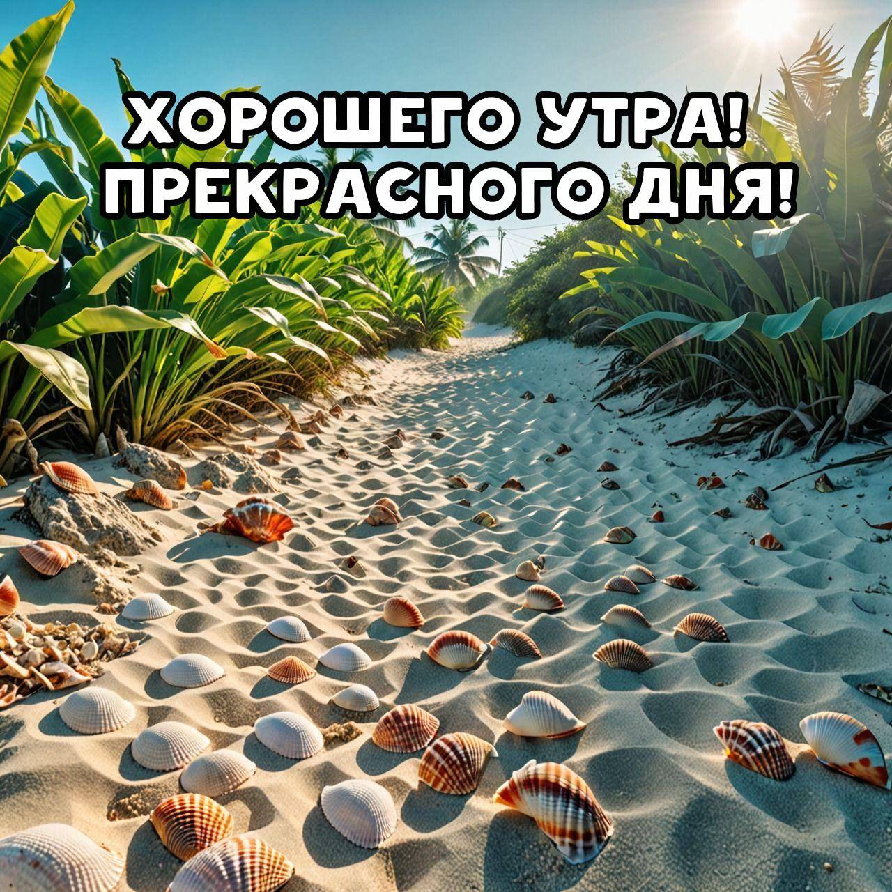Тропический пляж, ракушки на белом песке, зеленые растения