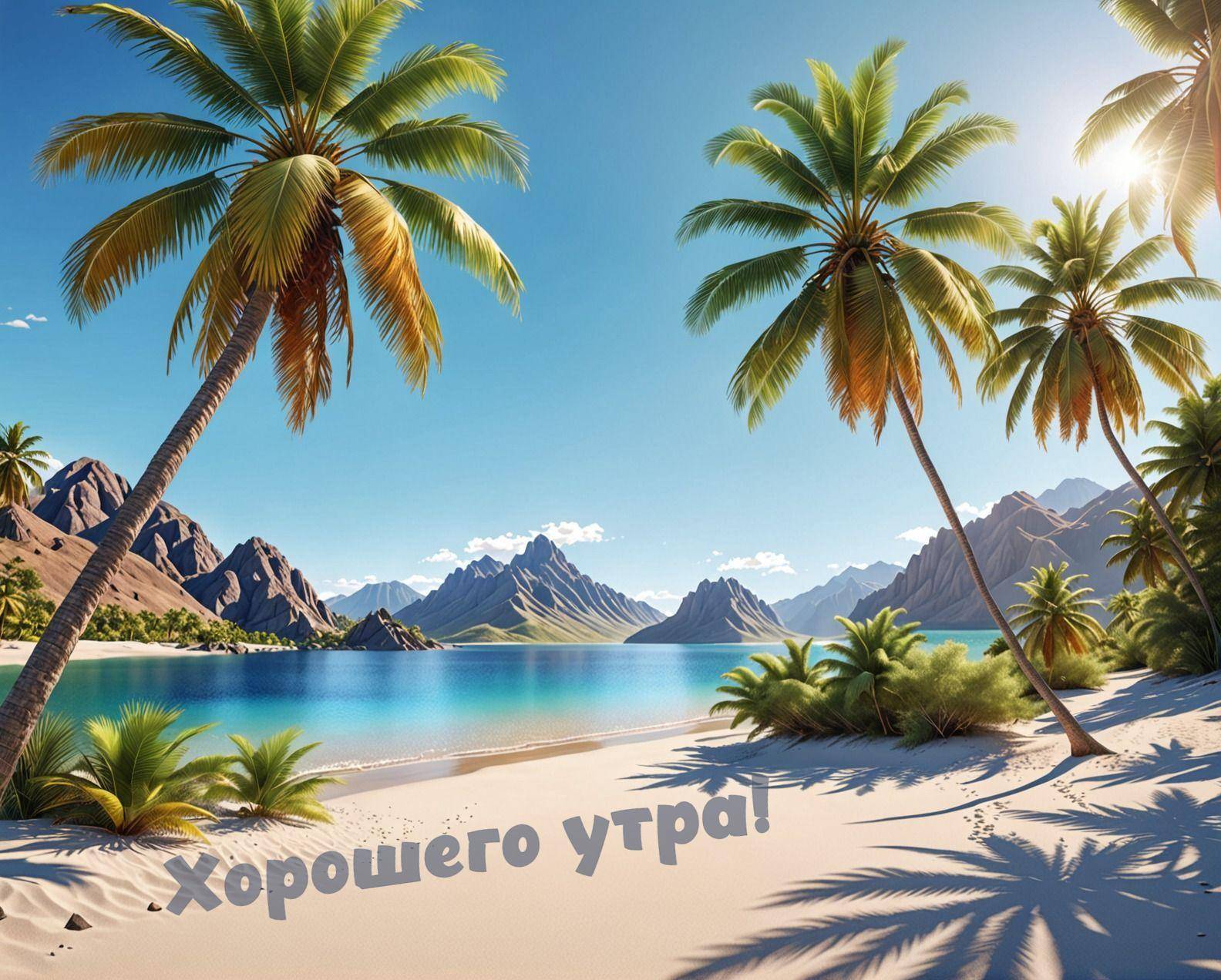 Тропический пляж с пальмами и горами