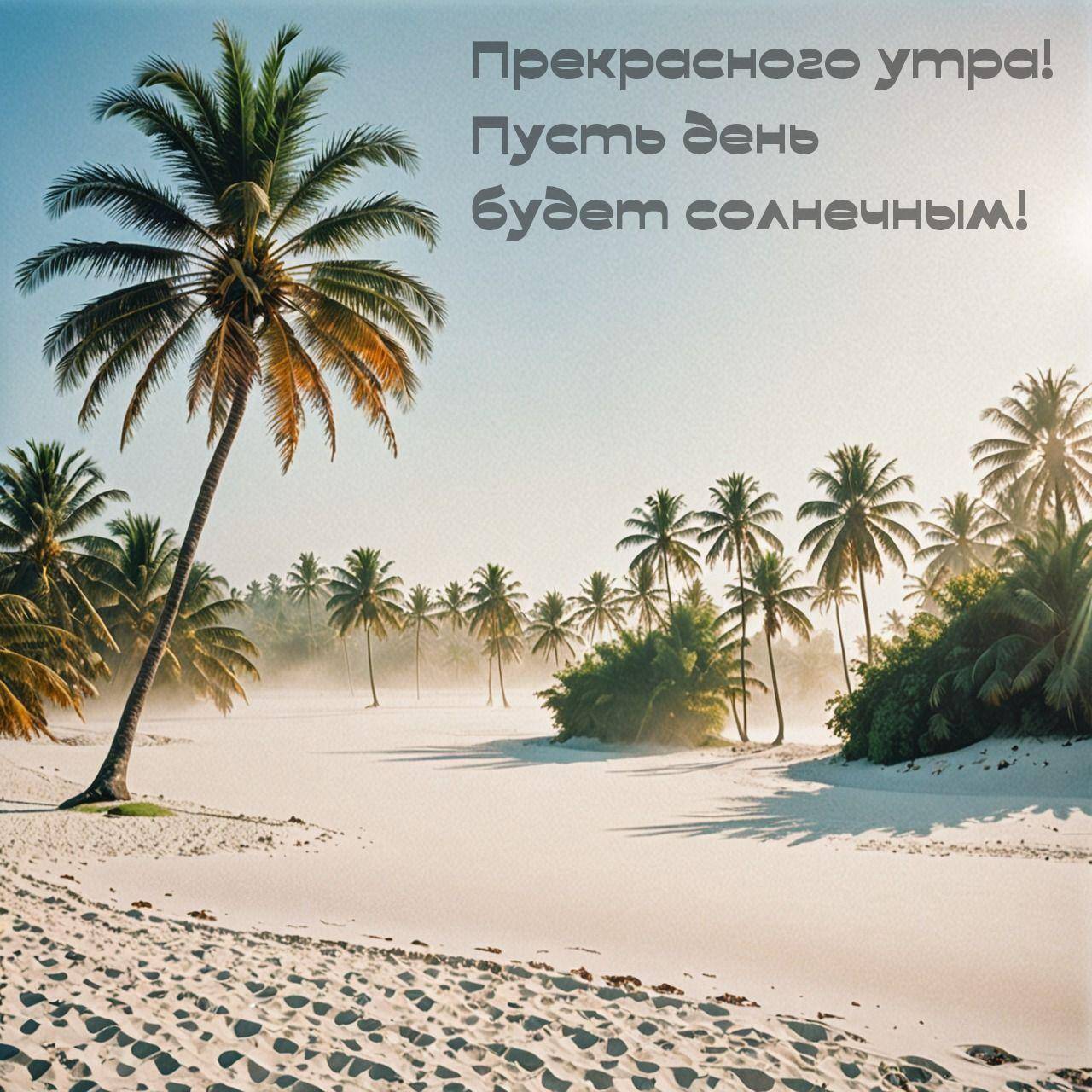 Тропический пляж с пальмами и следами на белом песке