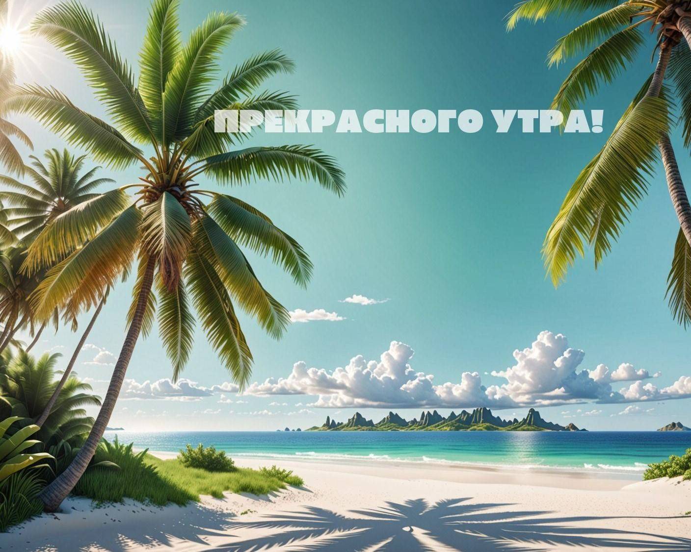 Тропический пляж с пальмами и тенью на песке