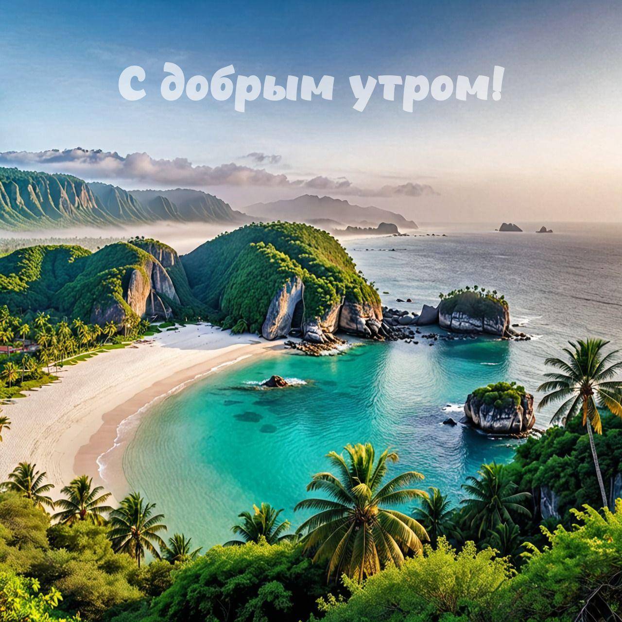 Тропический пляж с зеленью, голубая вода, горы вдалеке
