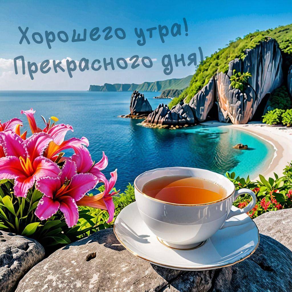 Тропический пляж, цветы, чашка чая на переднем плане