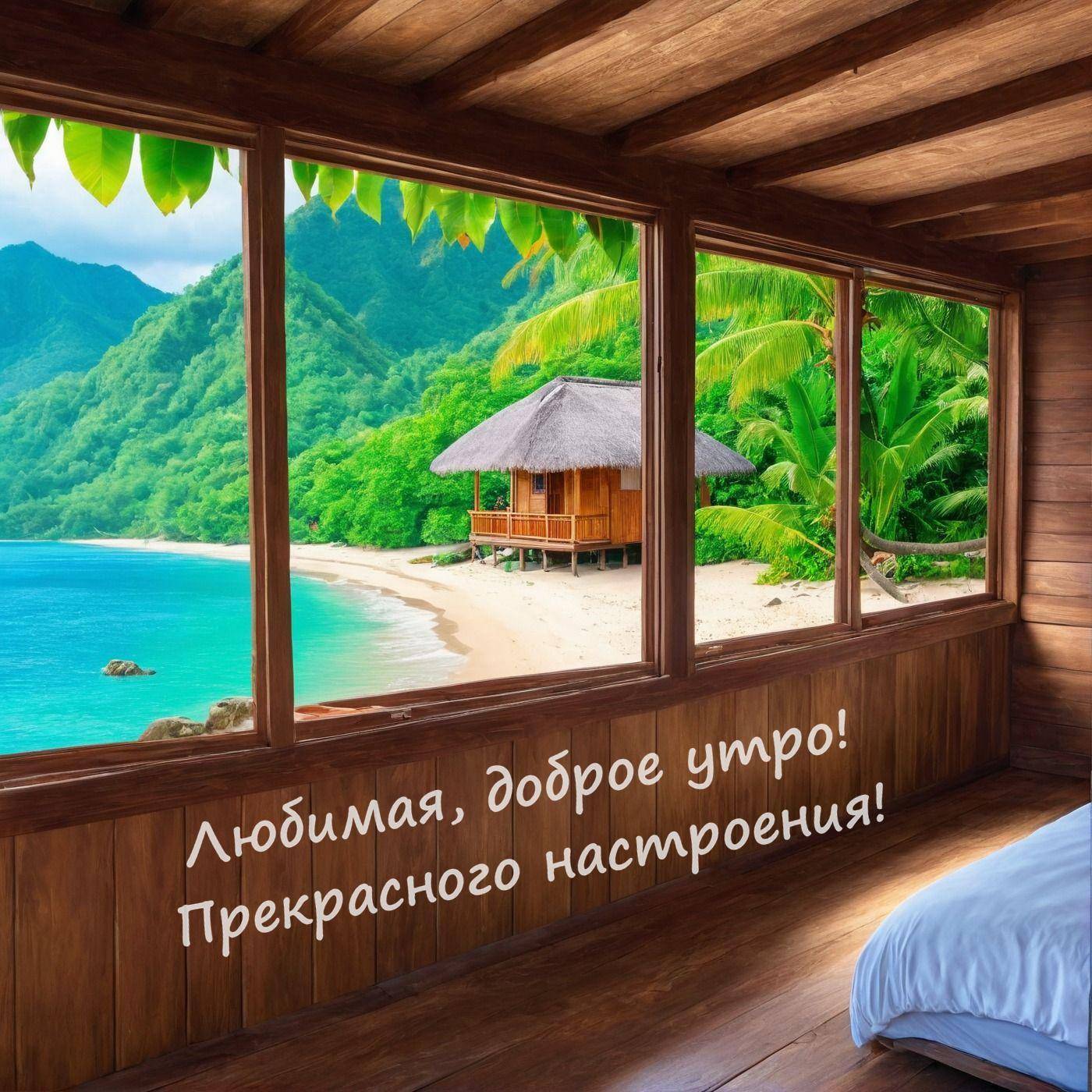 Тропический пляж, вид из бунгало, море, пальмы