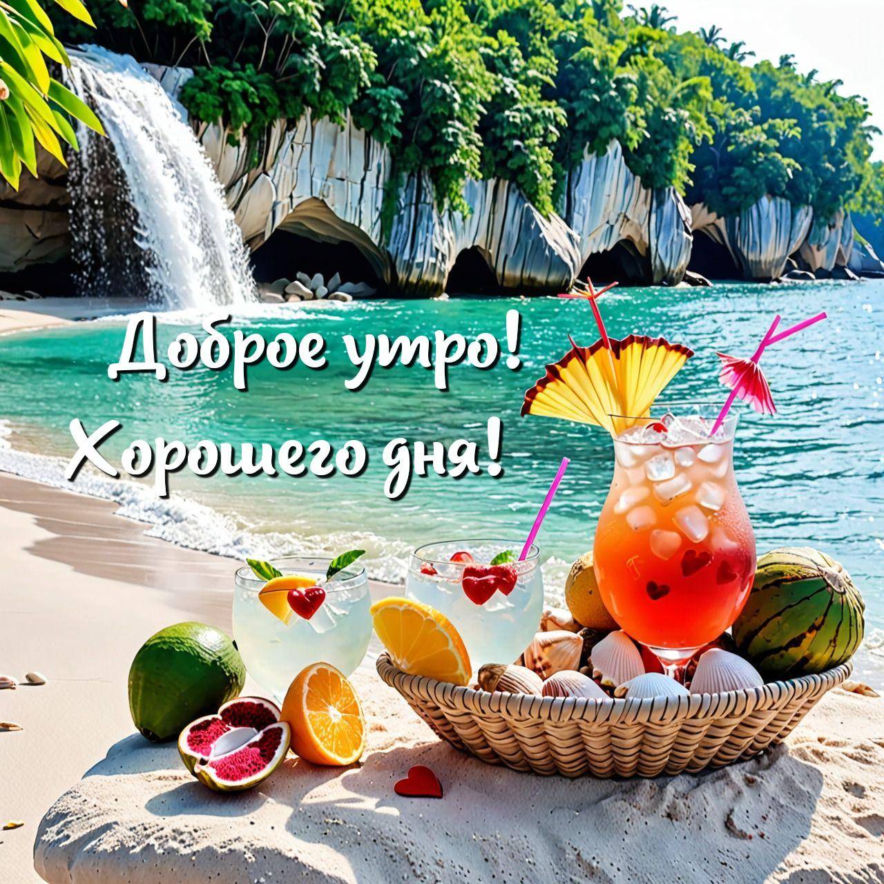 Тропический пляж, водопад, коктейли с фруктами на переднем плане