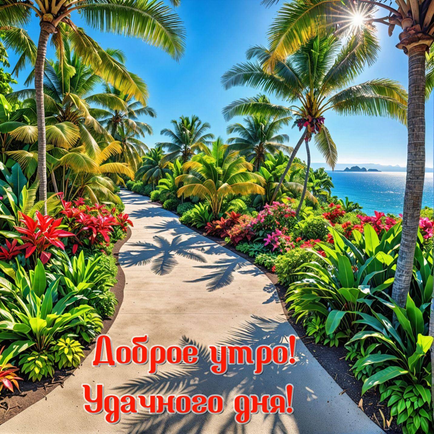 Тропический сад, пальмы, цветущие кусты, утренний свет
