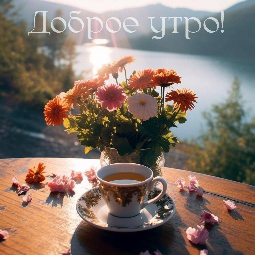 Цветы и чашка чая на фоне рассвета