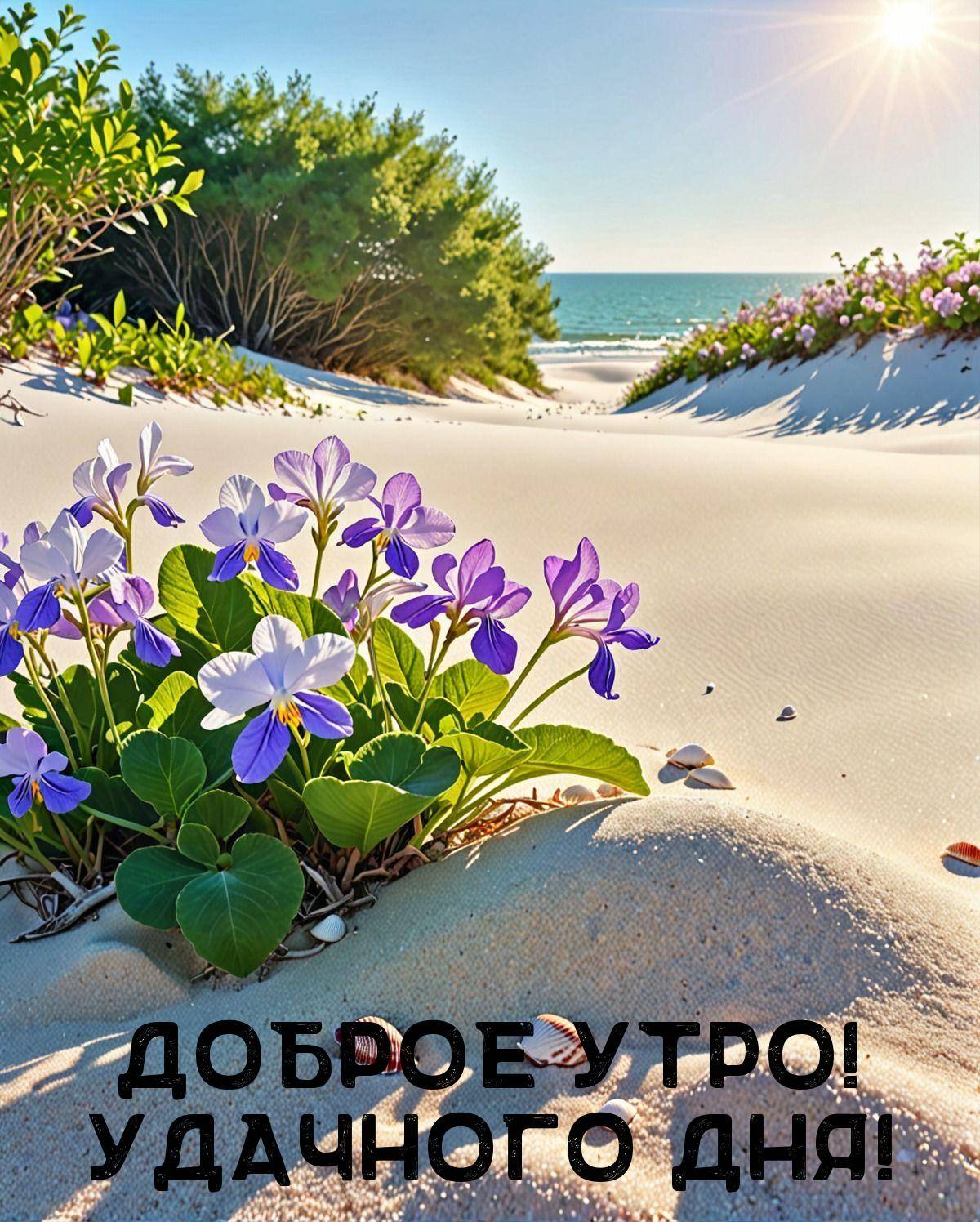Цветы и ракушки на песчаном пляже