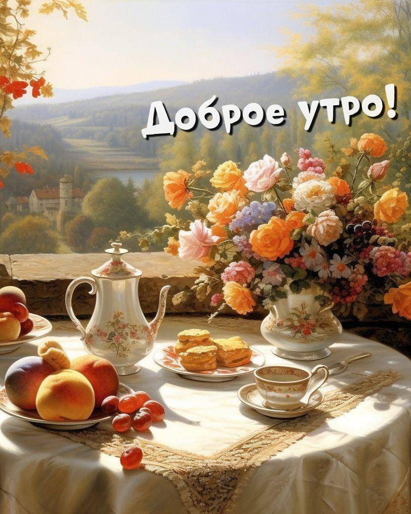Цветы и завтрак на фоне пейзажа