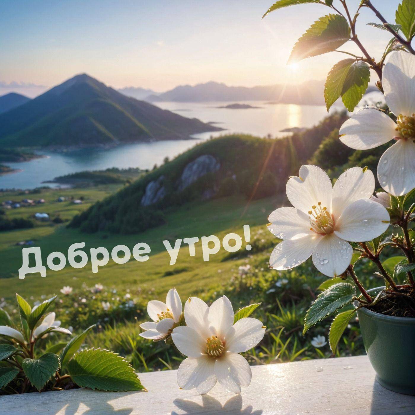 Цветы на переднем плане, горы, озеро