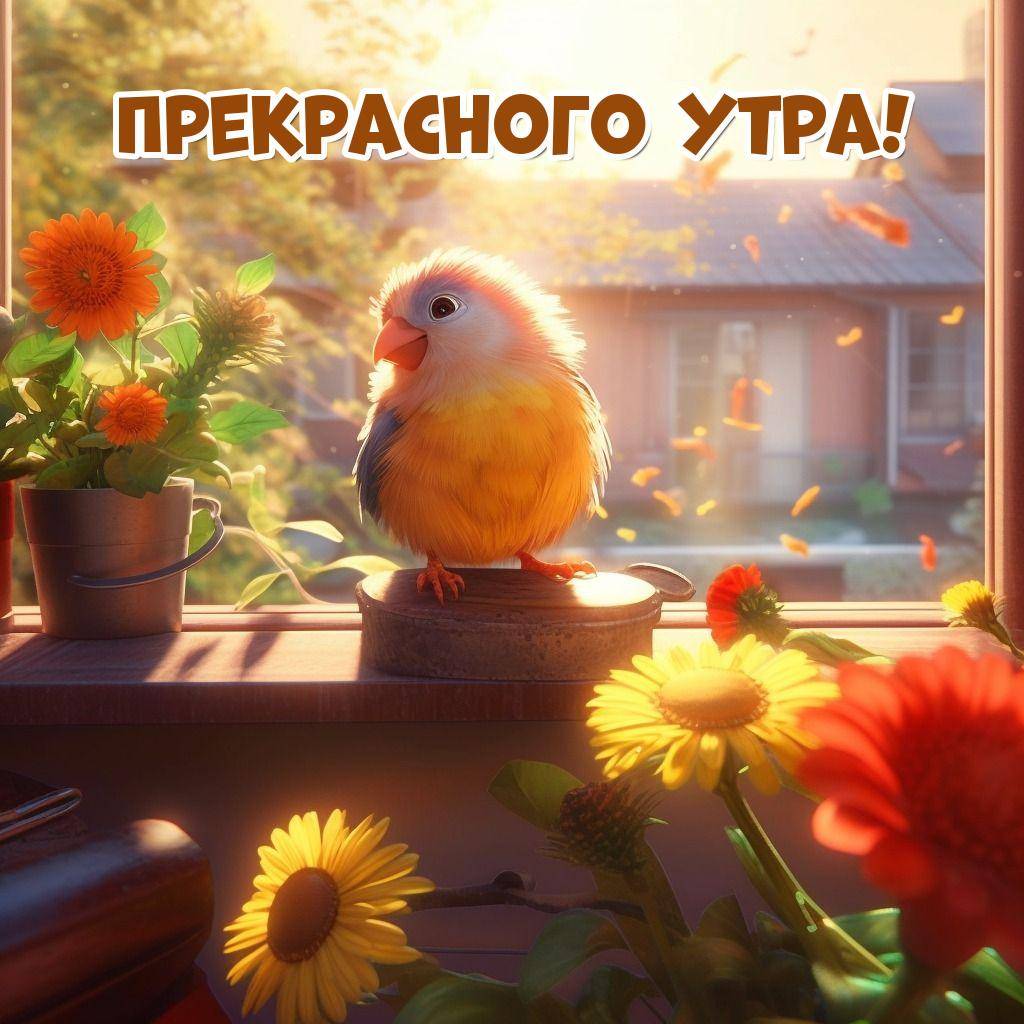 Цветная птица на подоконнике, солнечные подсолнухи