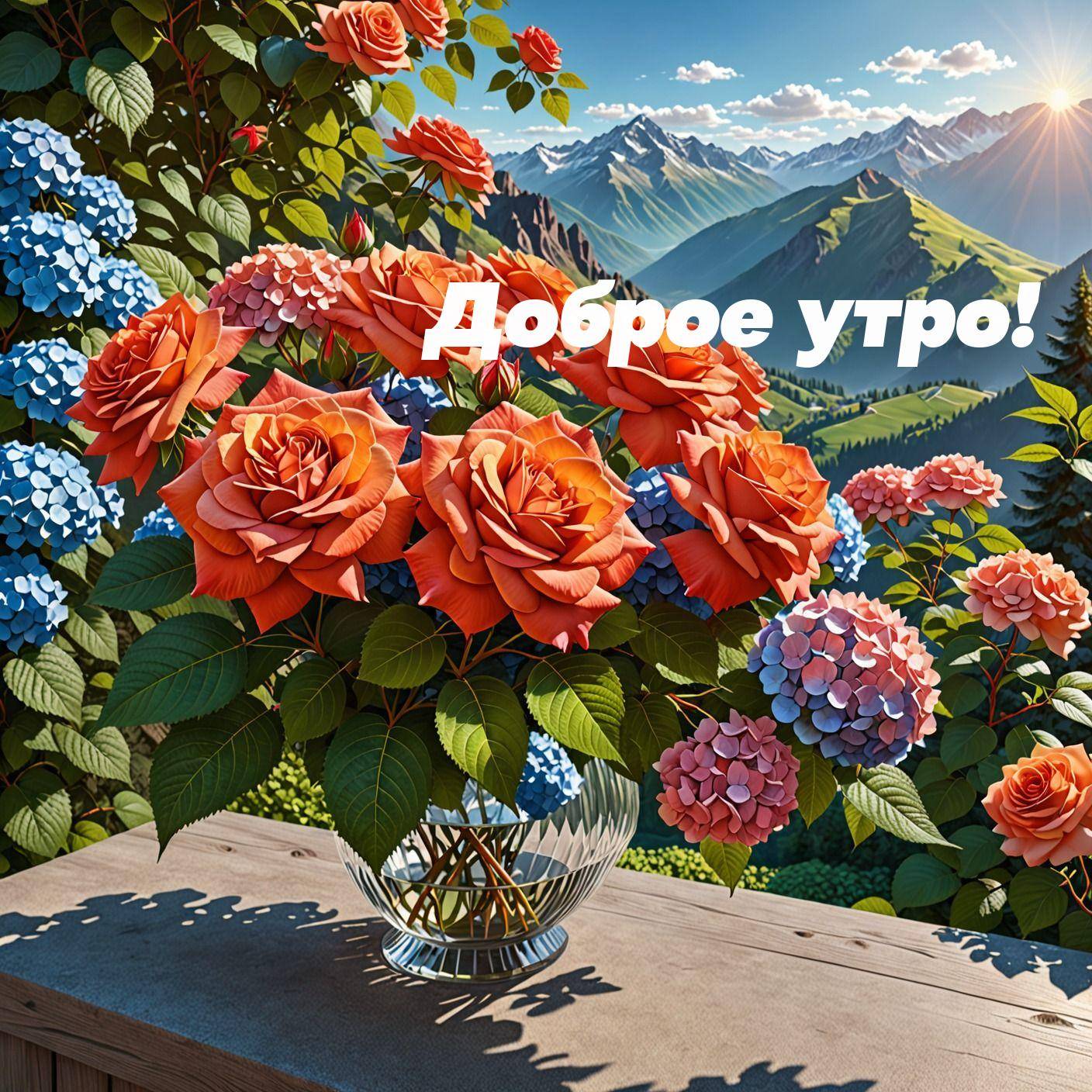 Цветочный букет на фоне гор и солнца