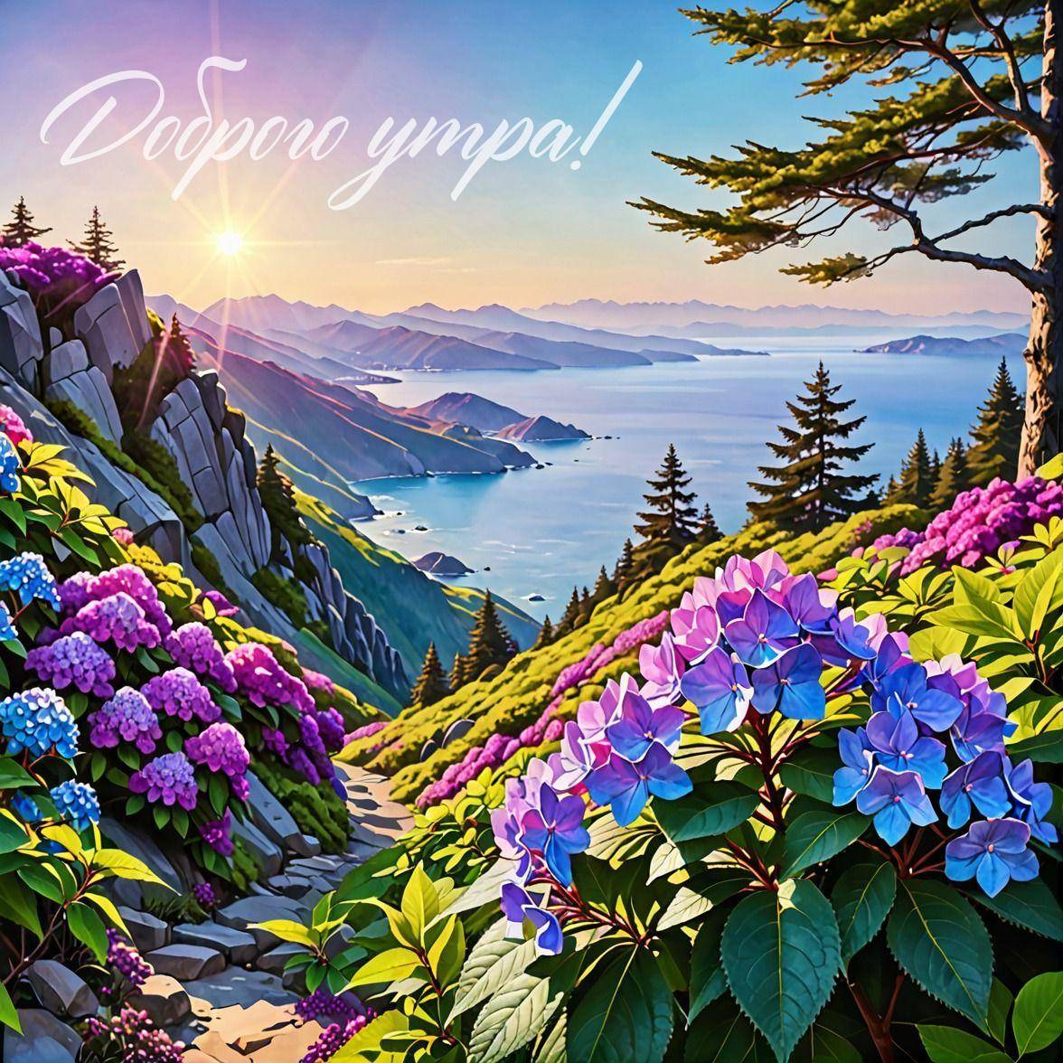 Цветущие кусты на переднем плане, морской пейзаж с горами и лесом