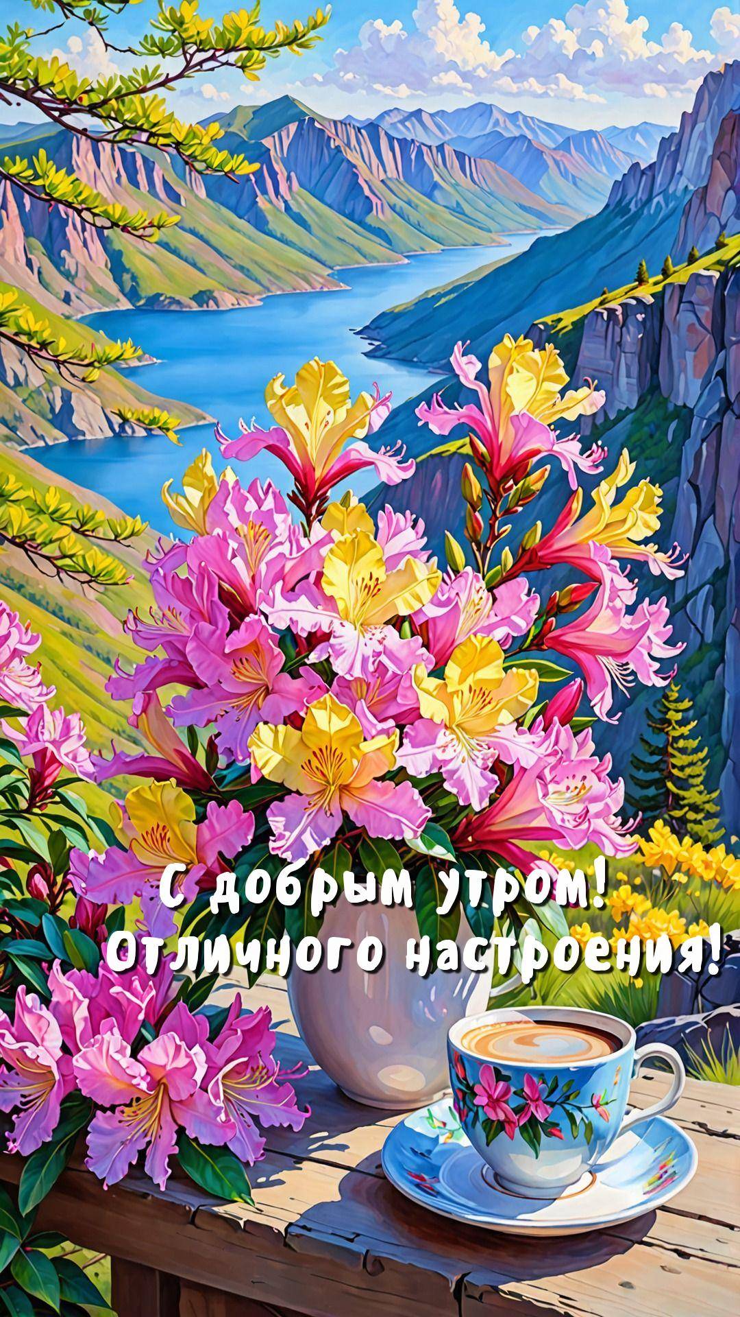 Цветущие растения на фоне гор и озера