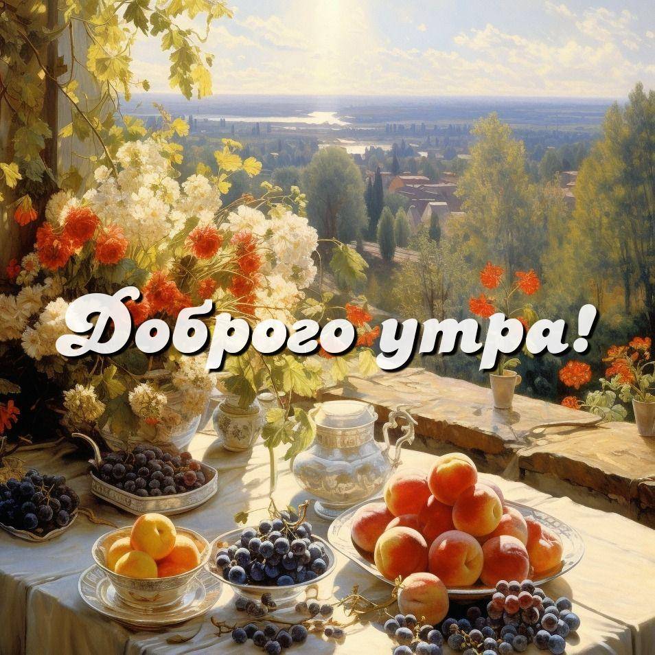 Цветущие цветы и свежие фрукты на столе с видом на пейзаж