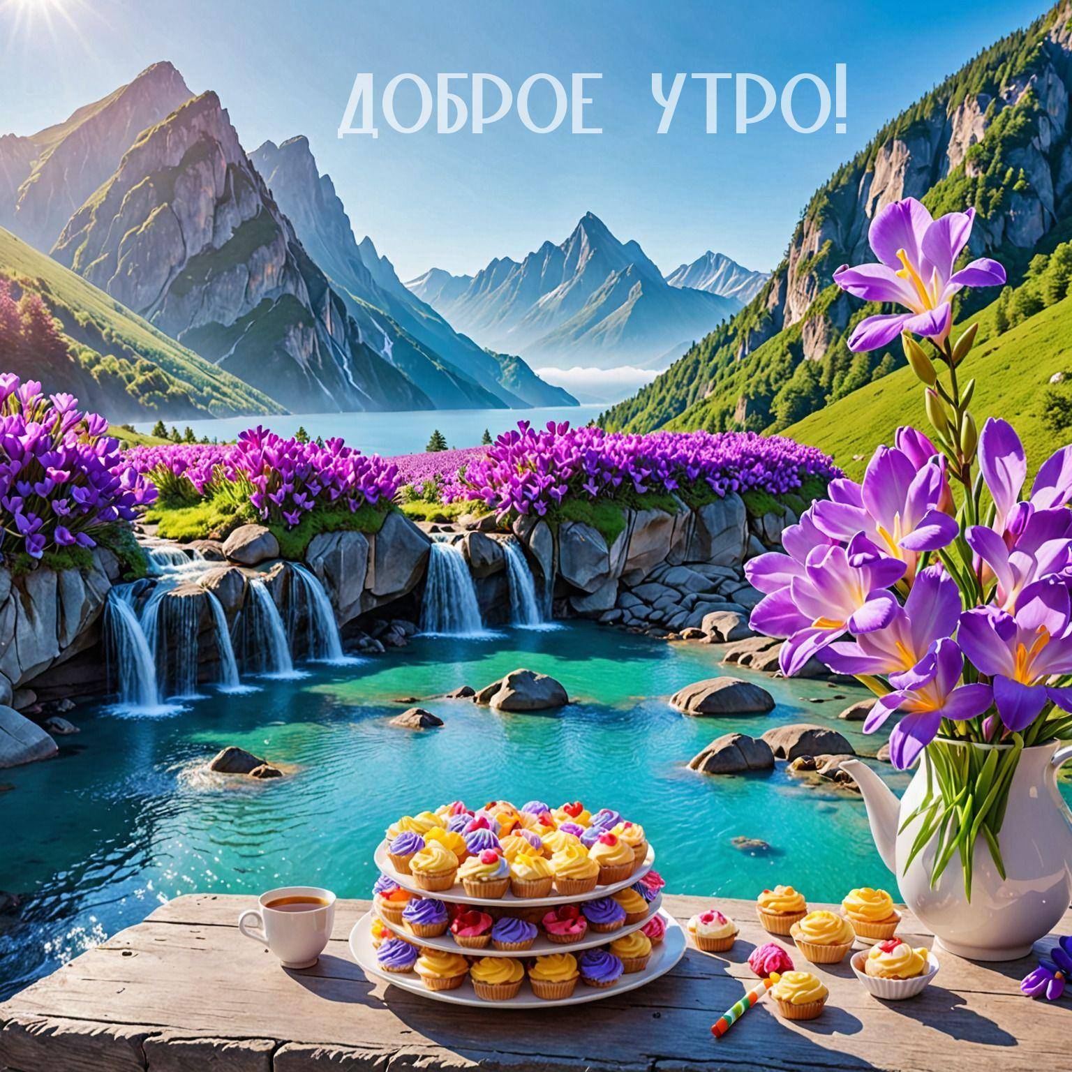 Цветущие цветы и выпечка у горного водопада