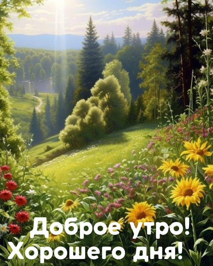 Цветущий луг, река вдалеке, зеленые деревья