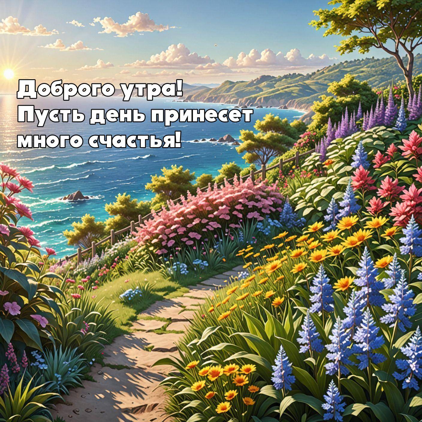 Цветущий сад у моря, солнечный день, природа