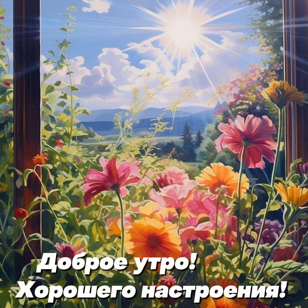 Цветущий сад утром, яркие цветы, солнечные лучи