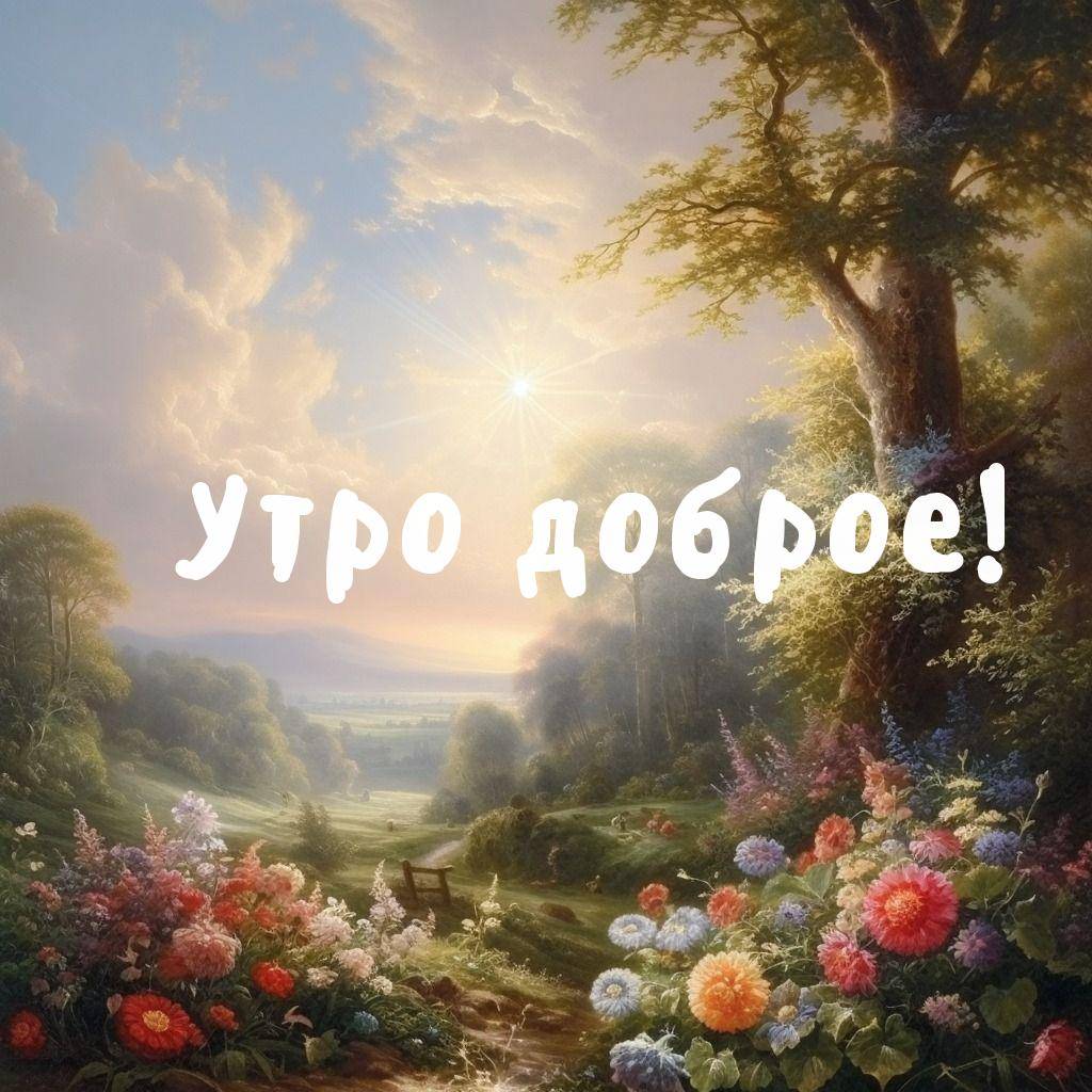 Цветущий сад, зеленые деревья и яркое солнце в небе