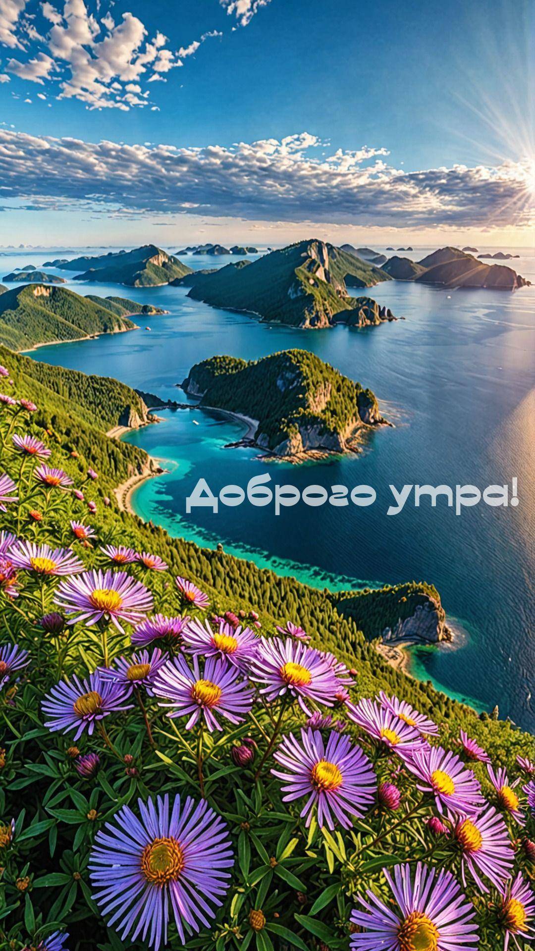 Цветущий склон с видом на морские острова