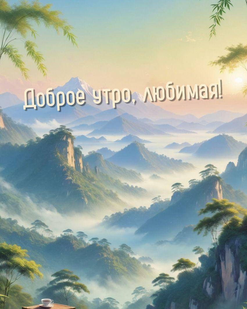 Туманный горный пейзаж с зелёными деревьями