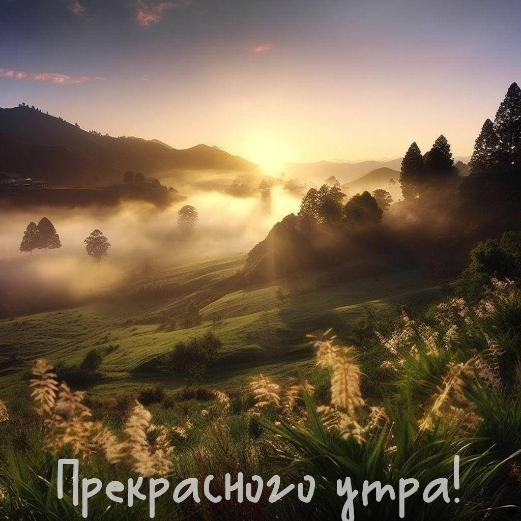 Туманный рассвет над зелеными холмами и деревьями