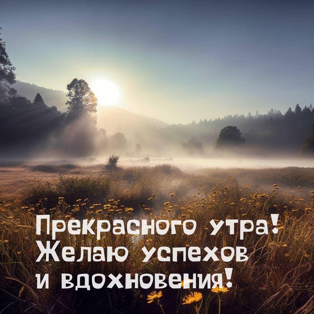 Туманное утро, солнце сквозь деревья, цветы на переднем плане