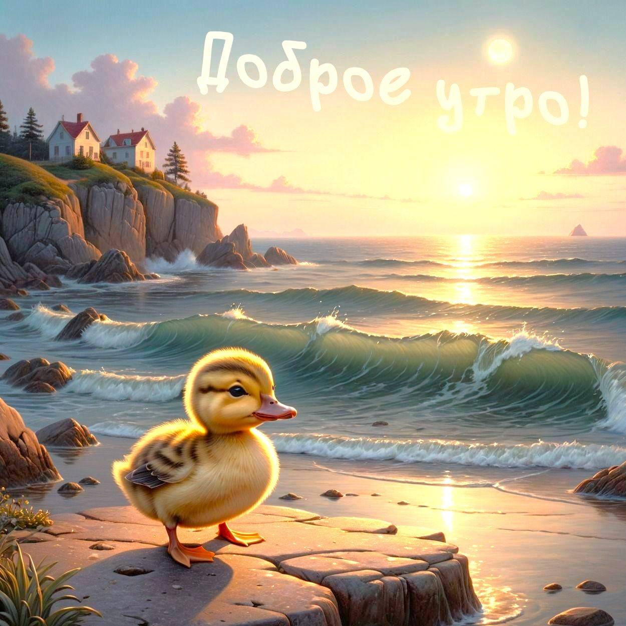 Утенок на фоне моря и восхода солнца