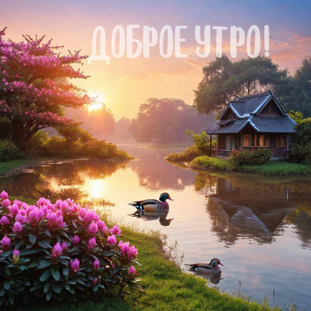 Утренний пейзаж с домиком у реки и утками