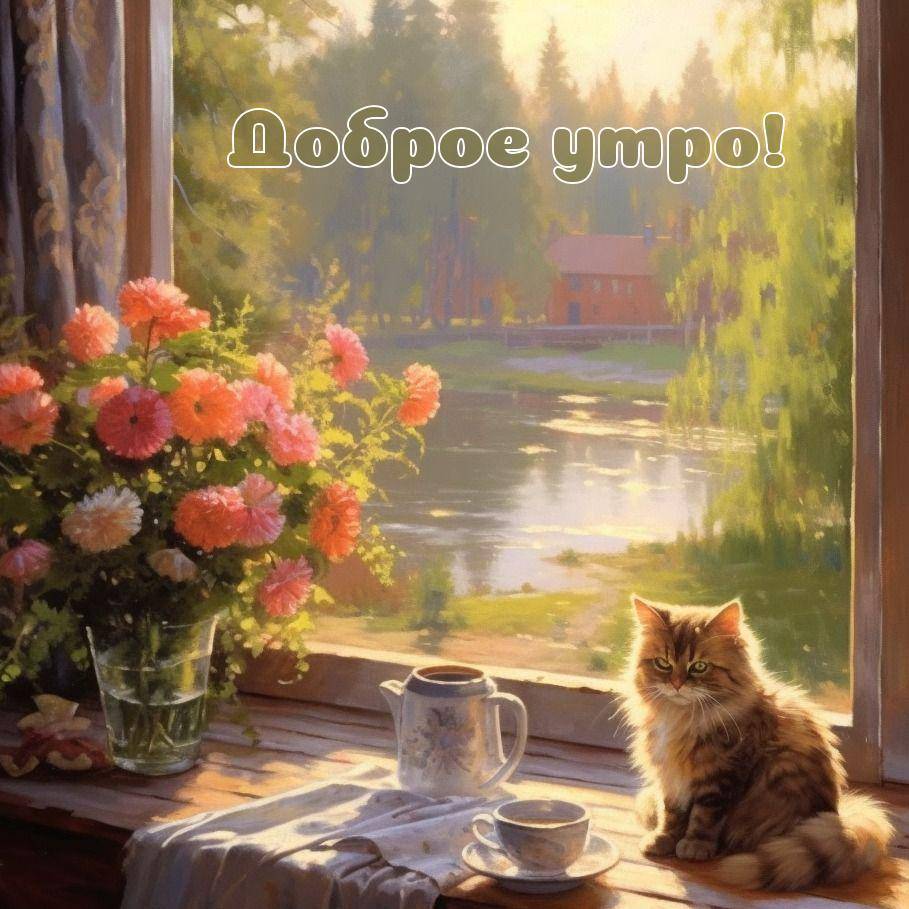 Утренний вид из окна с кошкой и цветами на подоконнике