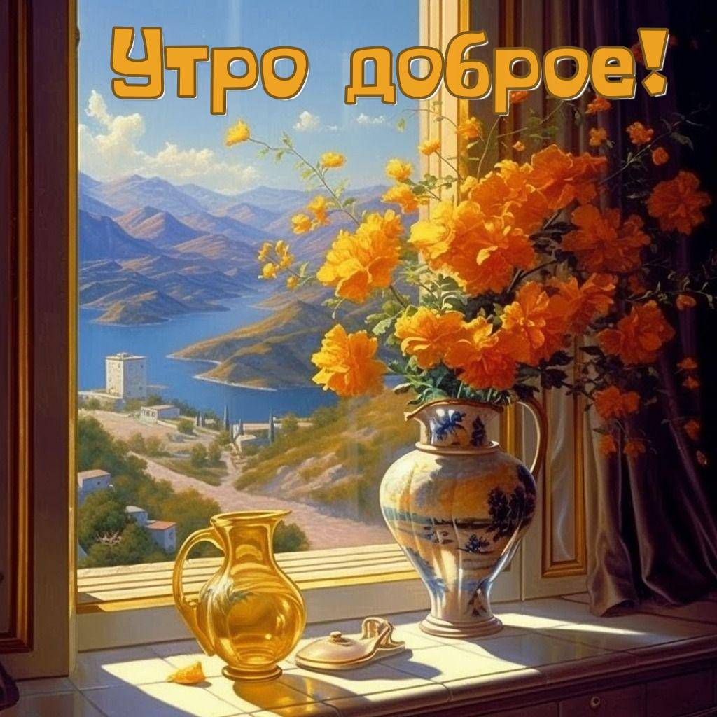 Ваза с цветами на подоконнике, вид на озеро и горы