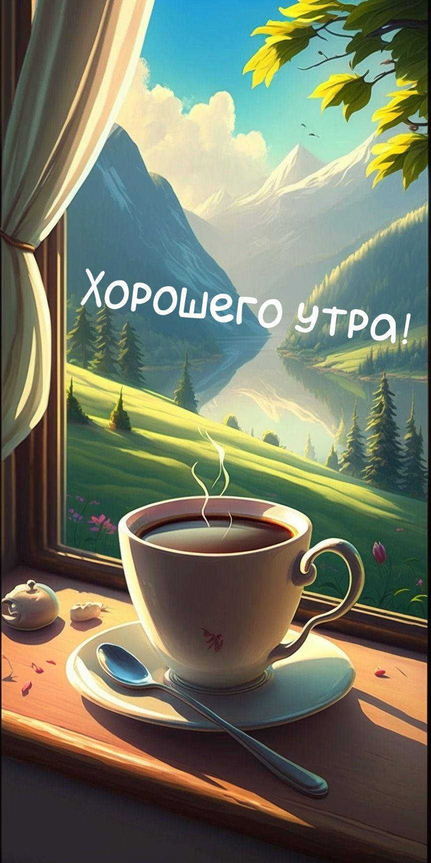 Вид из окна на горы с чашкой чая