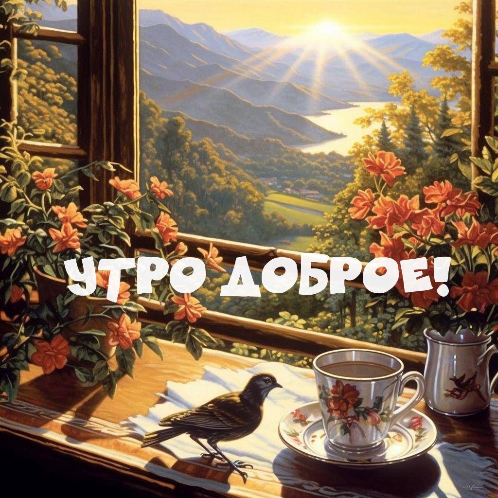 Вид из окна на горы, цветы и птицу утром
