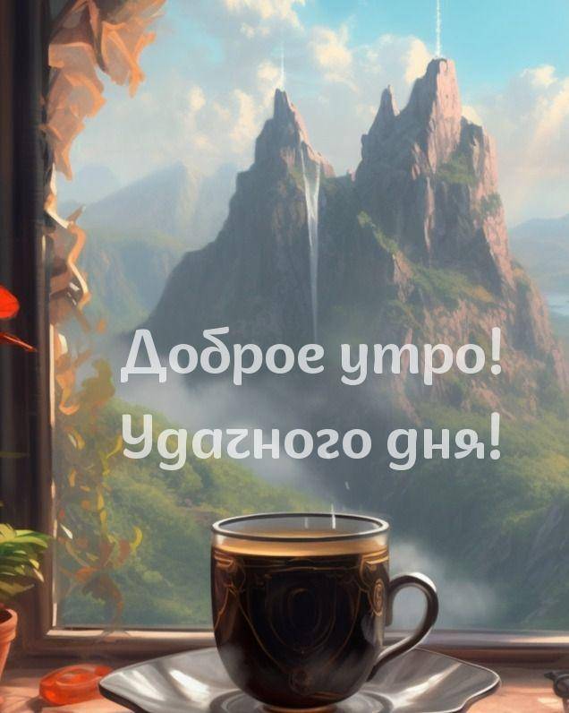 Вид из окна на горный пейзаж с водопадом и чашкой