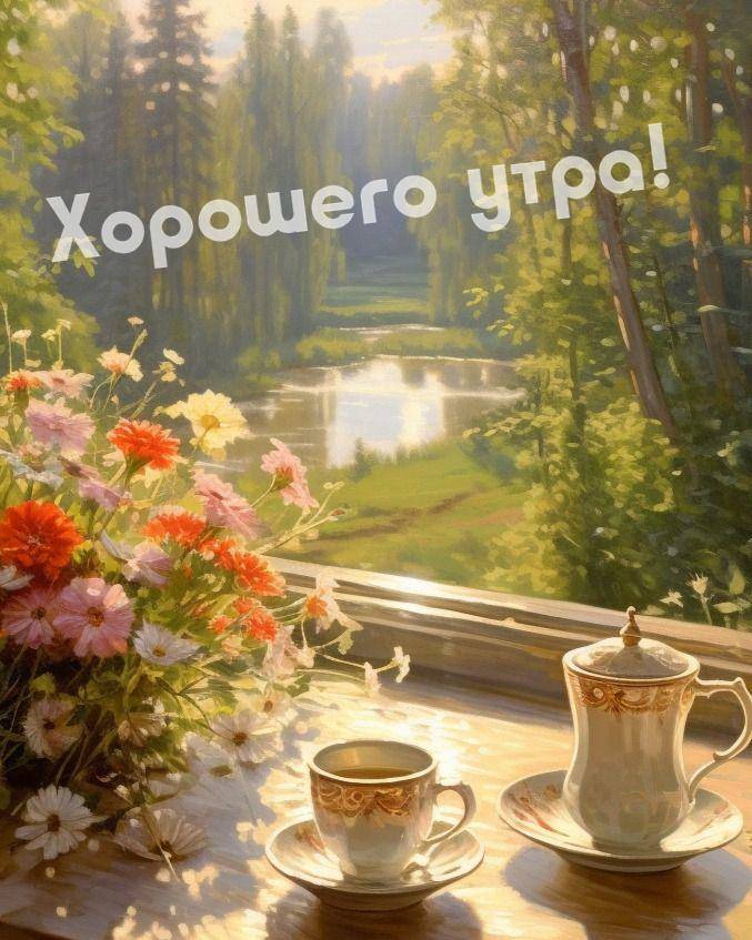 Вид из окна на природу с чашкой и заварником