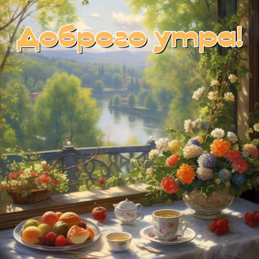 Вид из окна на реку, цветы и фрукты на подоконнике
