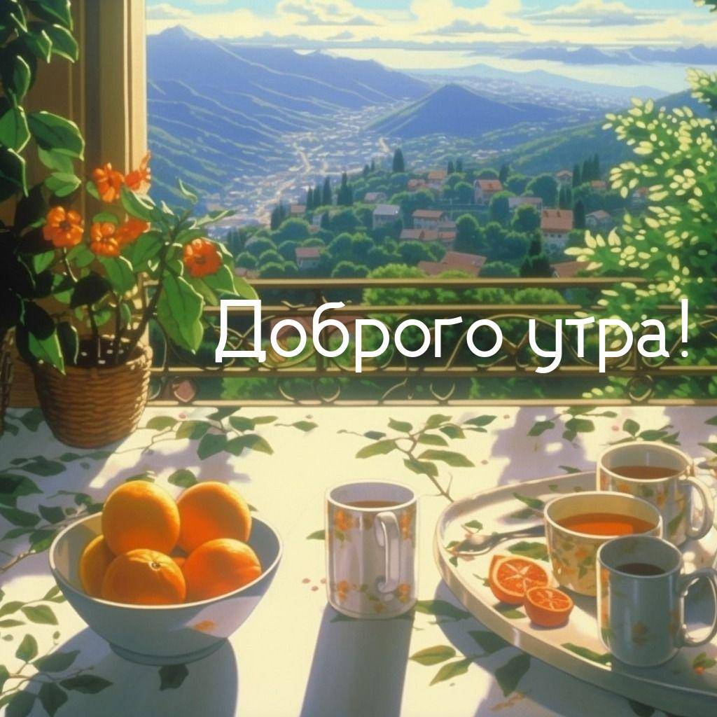 Вид на город через окно, цветы и фрукты