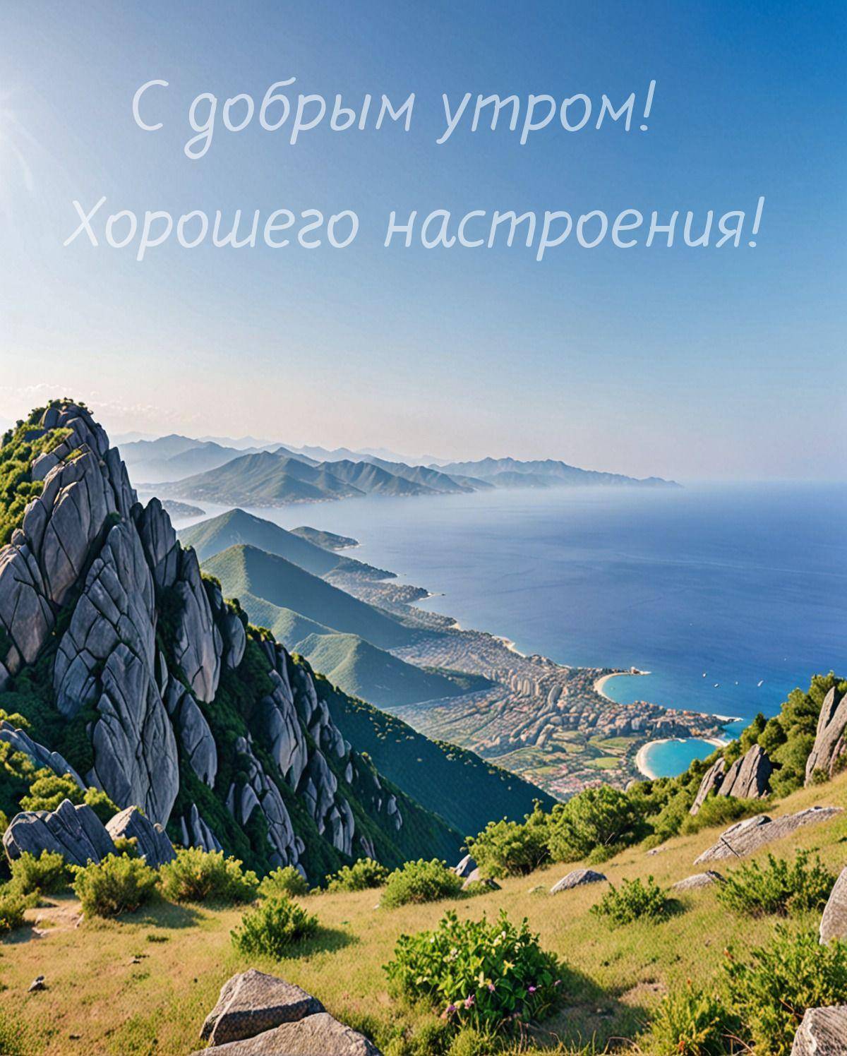 Вид на море с вершины горы, зелень, скалы