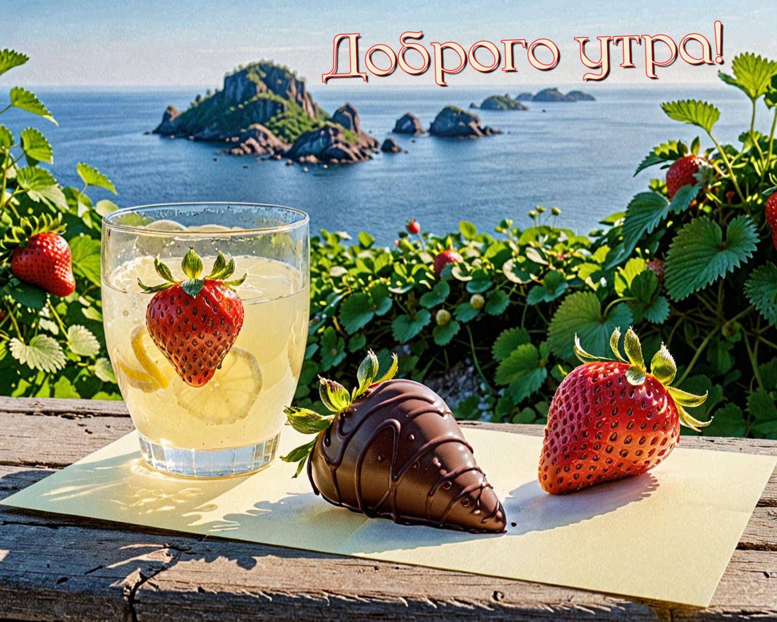 Вид на морские скалы, стакан напитка с клубникой