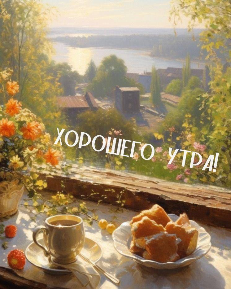 Вид на реку через окно, чашка чая, цветы и пирог