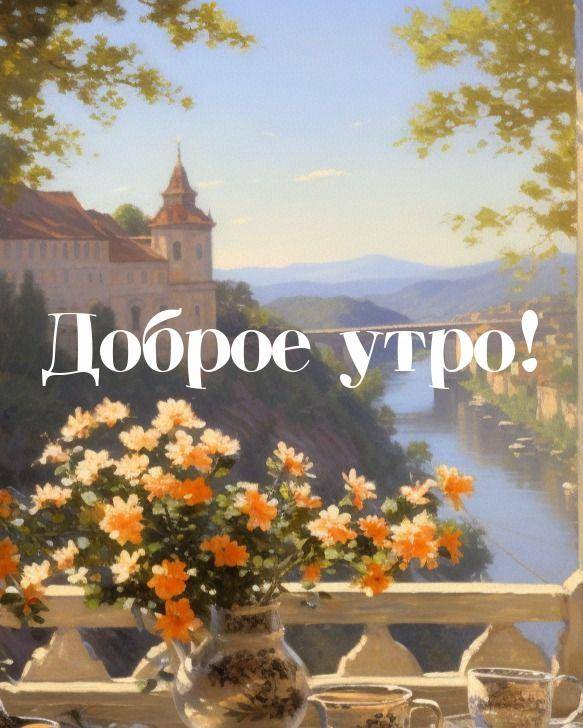 Вид на реку и замок через цветы на подоконнике