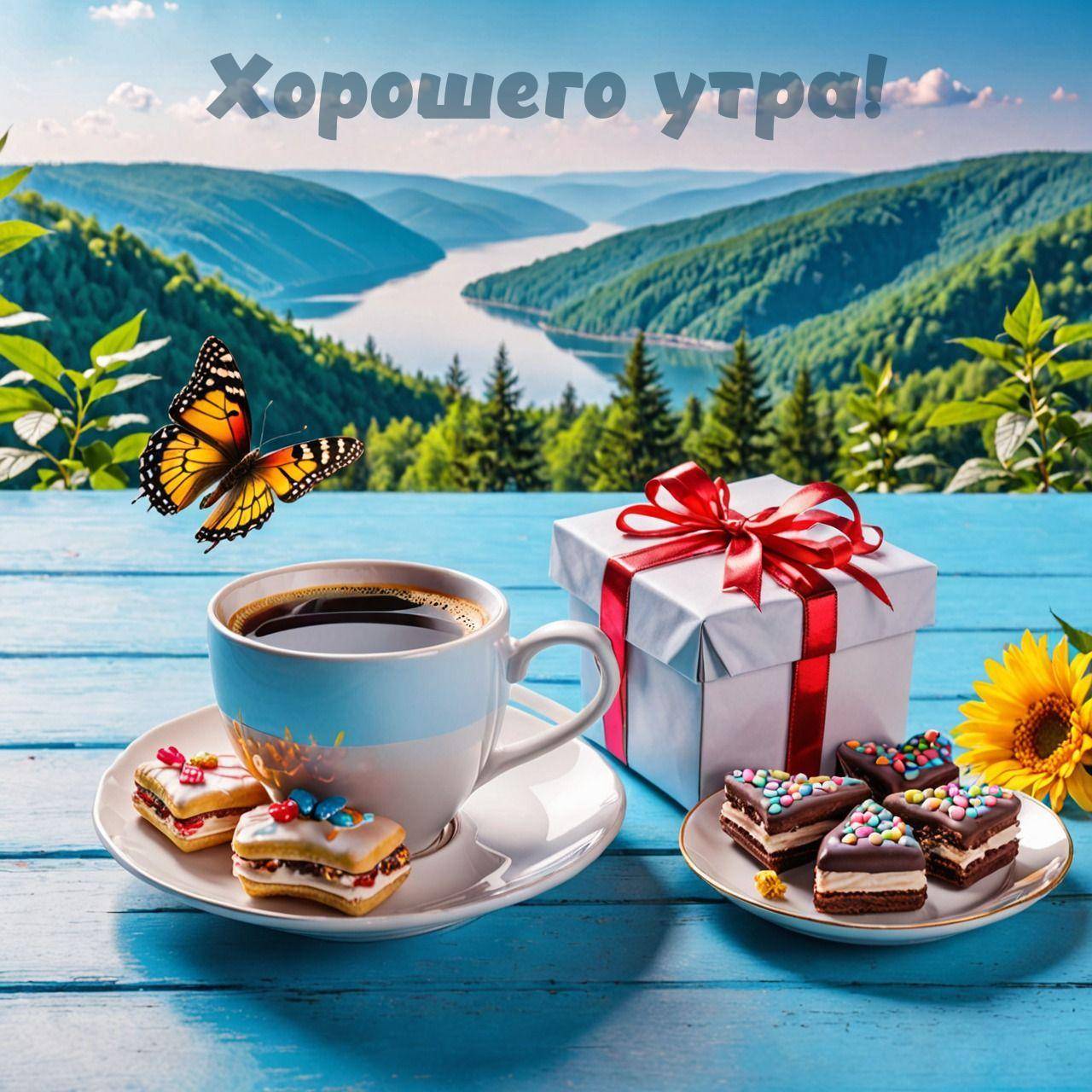 Вид на реку среди зелёных холмов, чашка кофе с печеньем и подарок