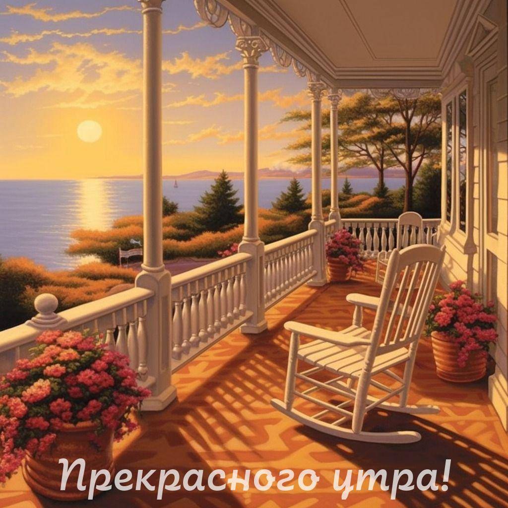 Вид с веранды на море, качающееся кресло, цветы в горшках