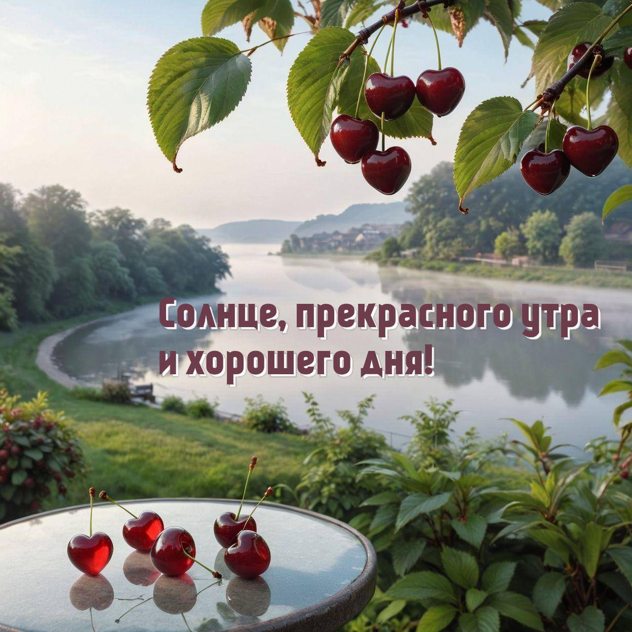 Вишни на переднем плане, река и деревья вдалеке