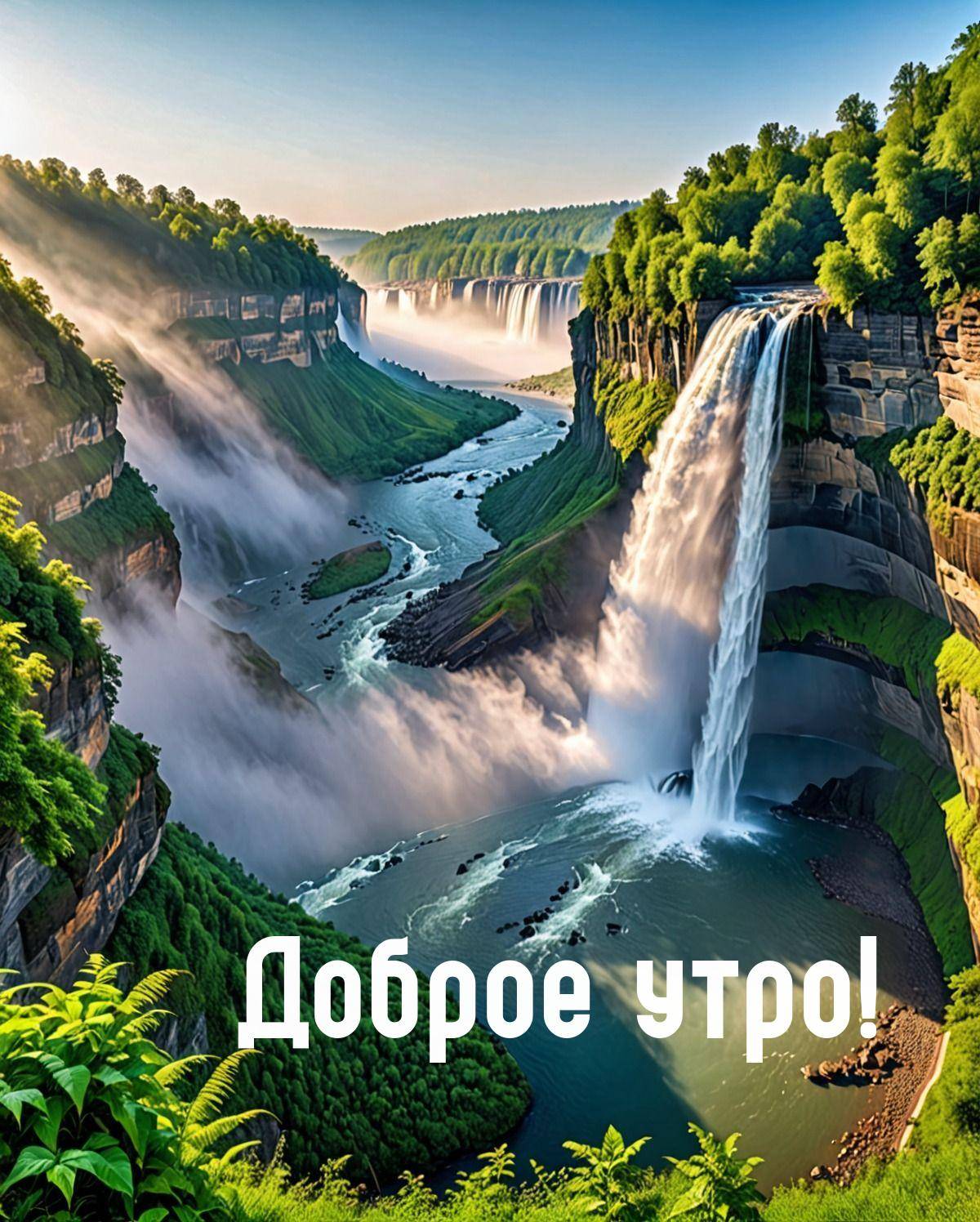 Водопад с рекой в утреннем тумане