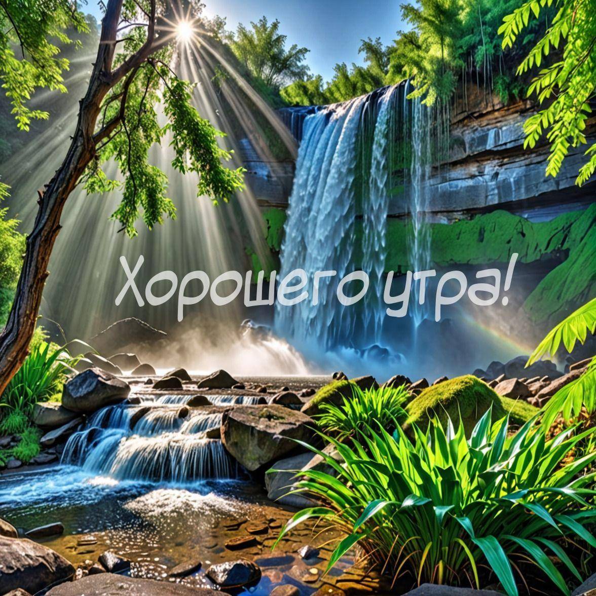 Водопад среди зелени под солнечными лучами