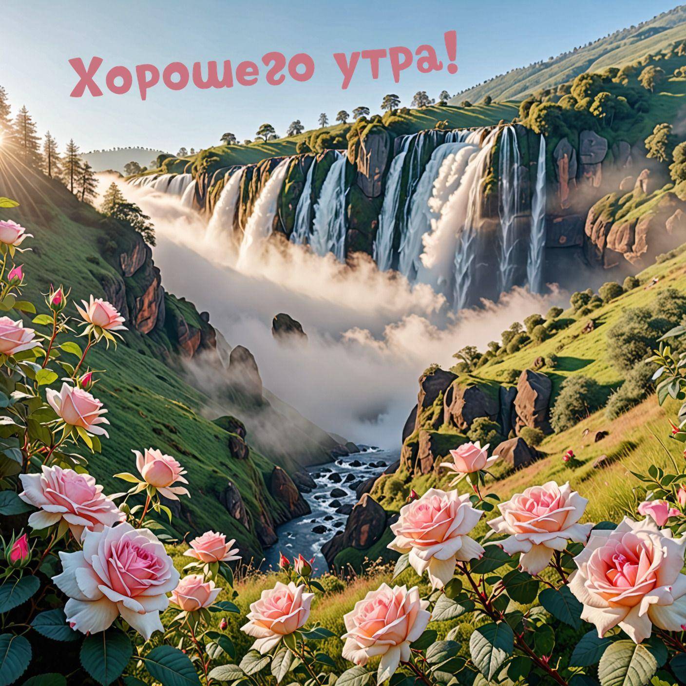 Водопад среди зелёных холмов, розы на переднем плане