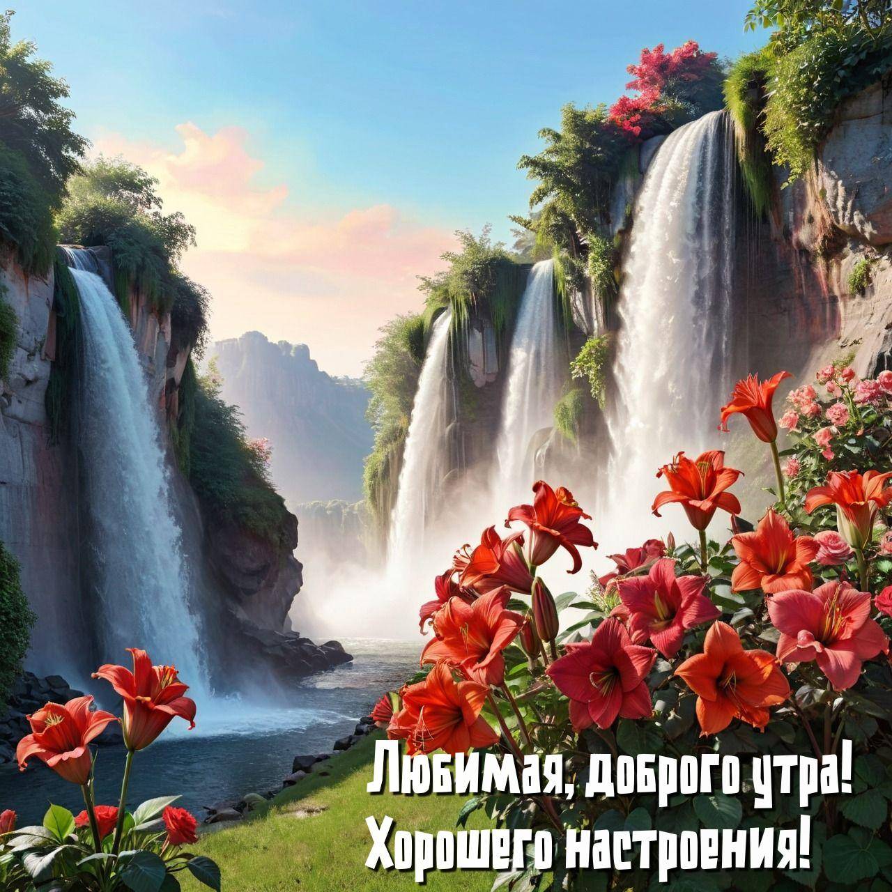 Водопады среди зелени, красные цветы на переднем плане